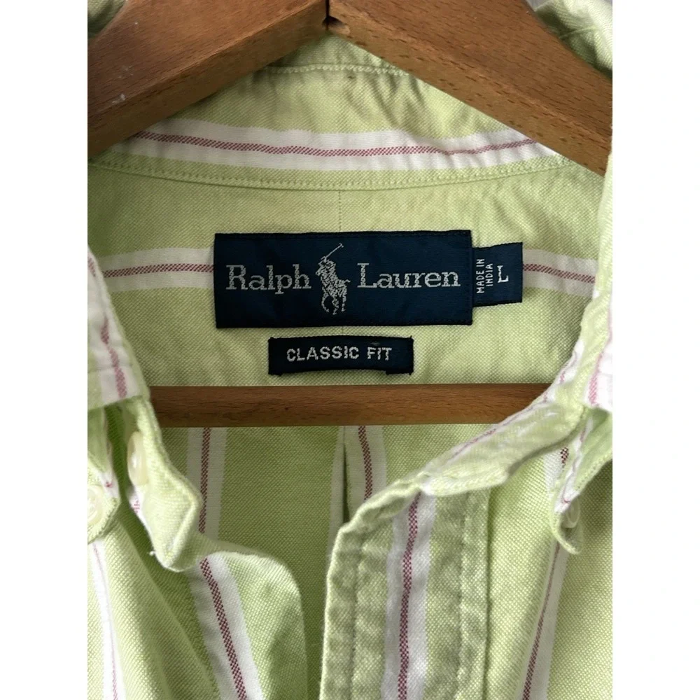 Ralph Lauren Shirt Mens L Green Stripe Oxford Classic Fit Button Down Flesh Pony